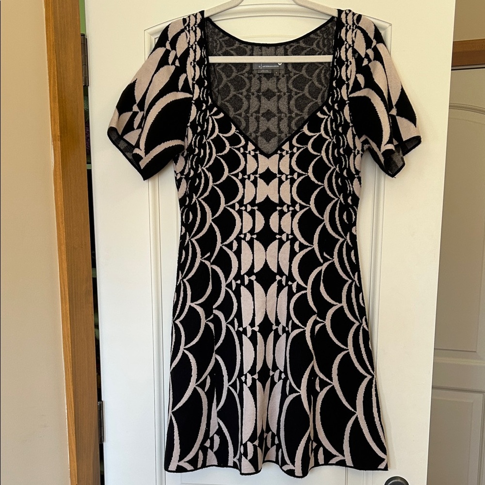 Last Chance Anthropologie Black and Cream Illusion Knit Sweater Dress leaving